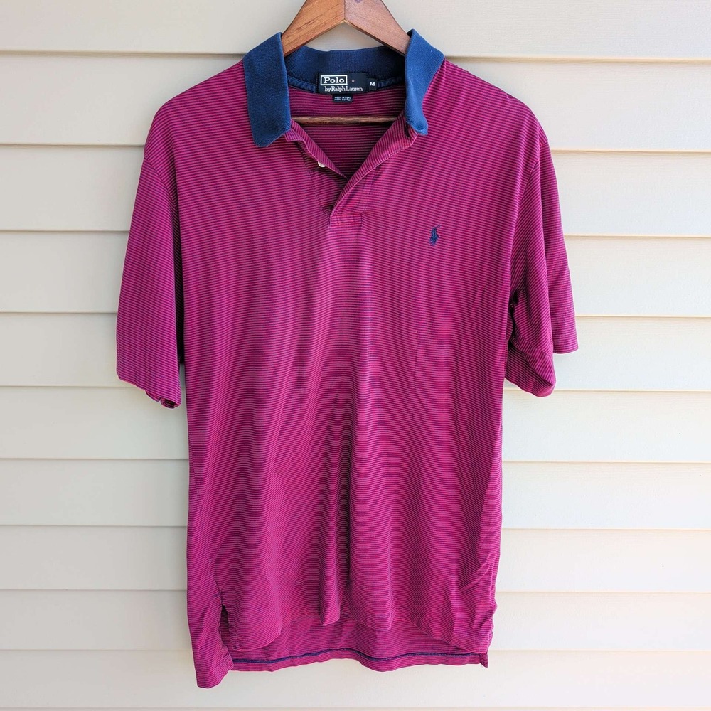 Polo Ralph Lauren Polo Shirt Mens M Magenta Navy Micro Stripe Short Sleeve